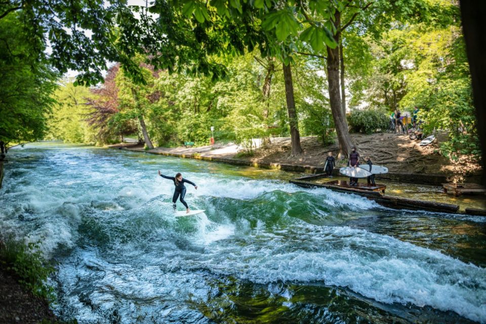 Munich Surf Experience Surfing In Munich Eisbach River Wave - Gear in Munich: soft-top stability, full hooded neoprene, and booties
